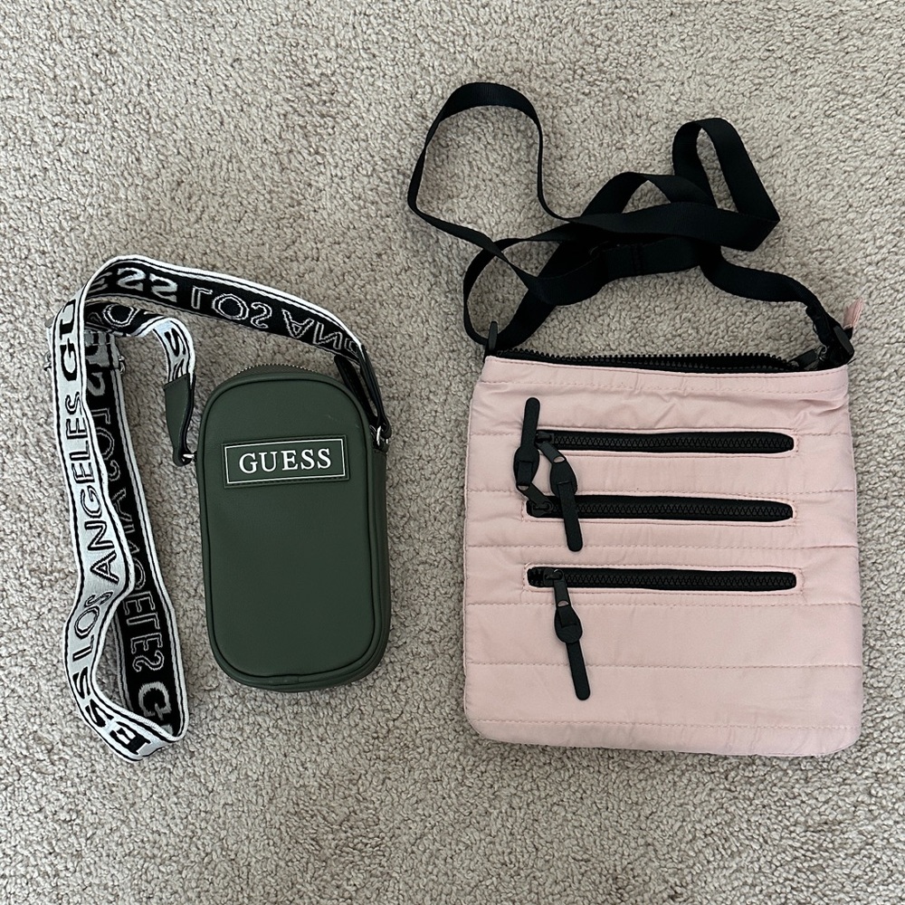 Guess Olive Green Mini Crossbody & Light Pink Quilted Shoulder Bag set